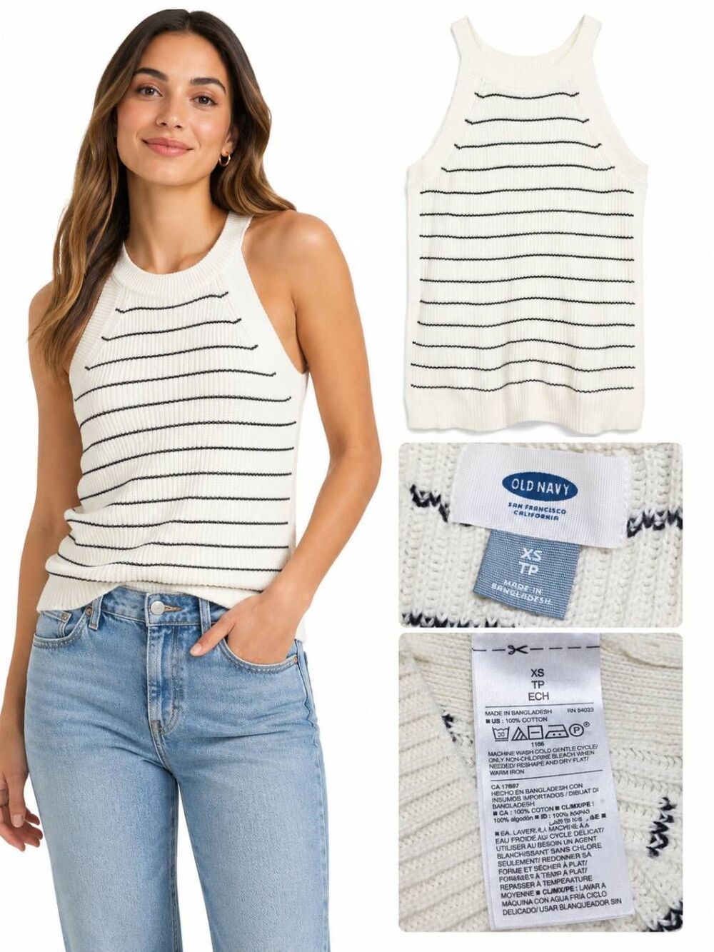 Navy XS Cream Black Stripe Rib Knit Sweater Tank
